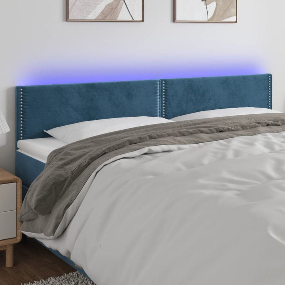 Vidaxl Čelo postele s LED tmavomodrá 200x5x78/88 cm zamat